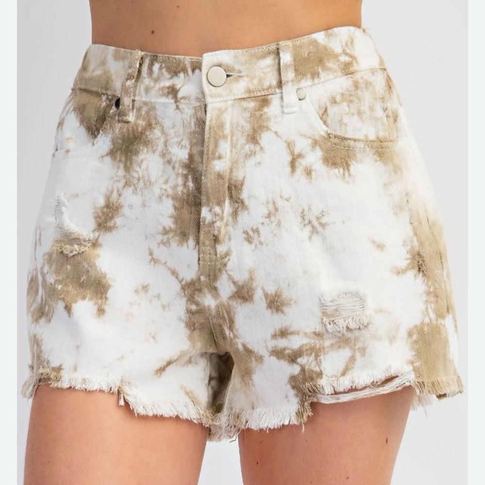 aerie Tie-Dye White and Tan High-Rise Denim Shorts